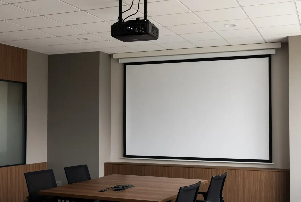 Pantalla y proyector en una sala de reuniones