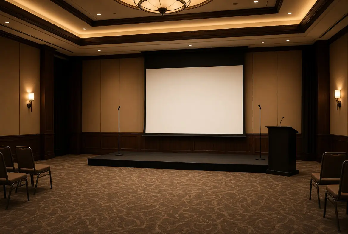 Salón de hotel con pantalla y microfonía