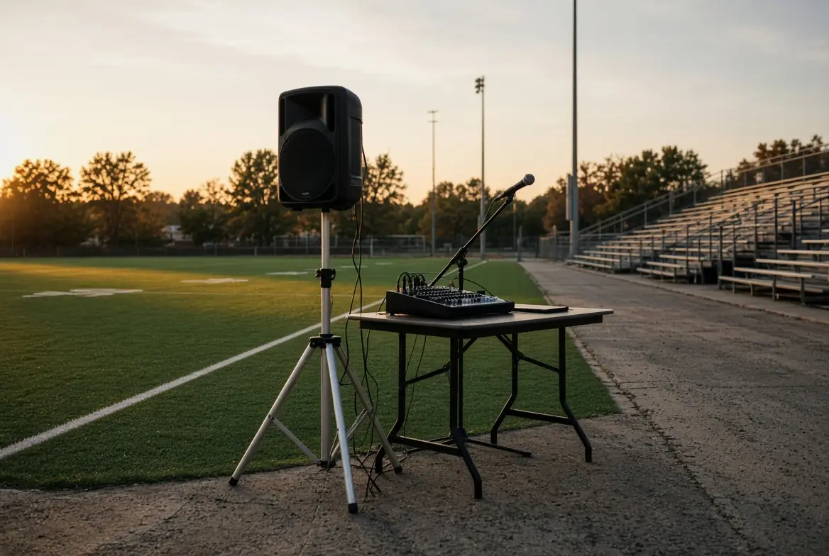 Equipo de sonido y microfonía junto a un campo deportivo