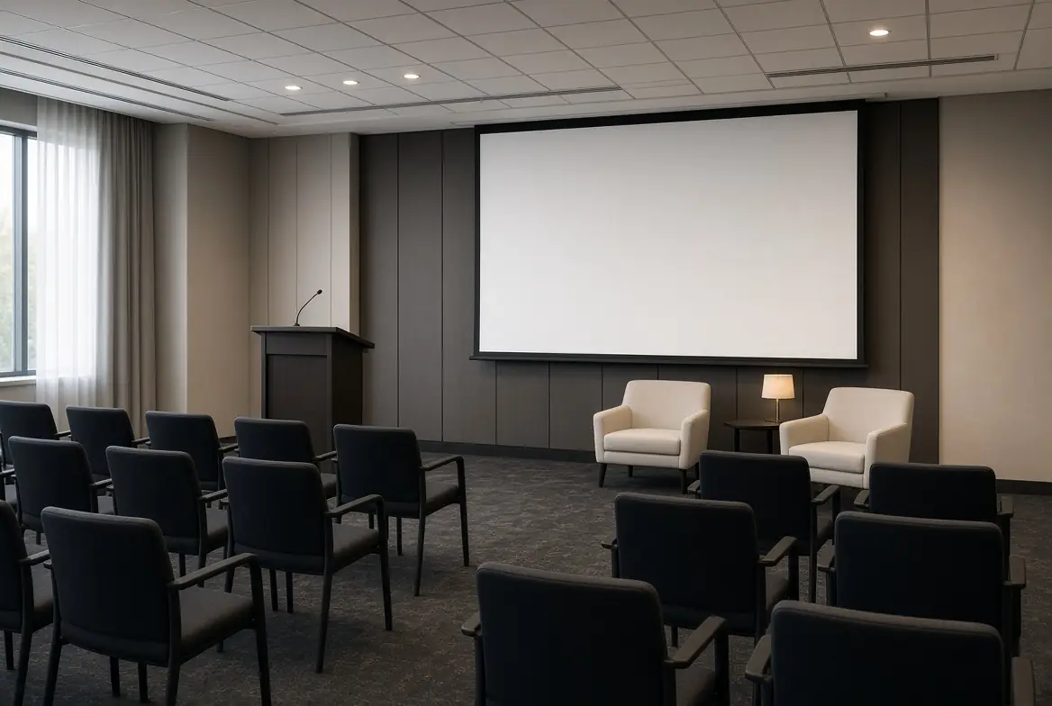 Sala de presentación con atril y pantalla