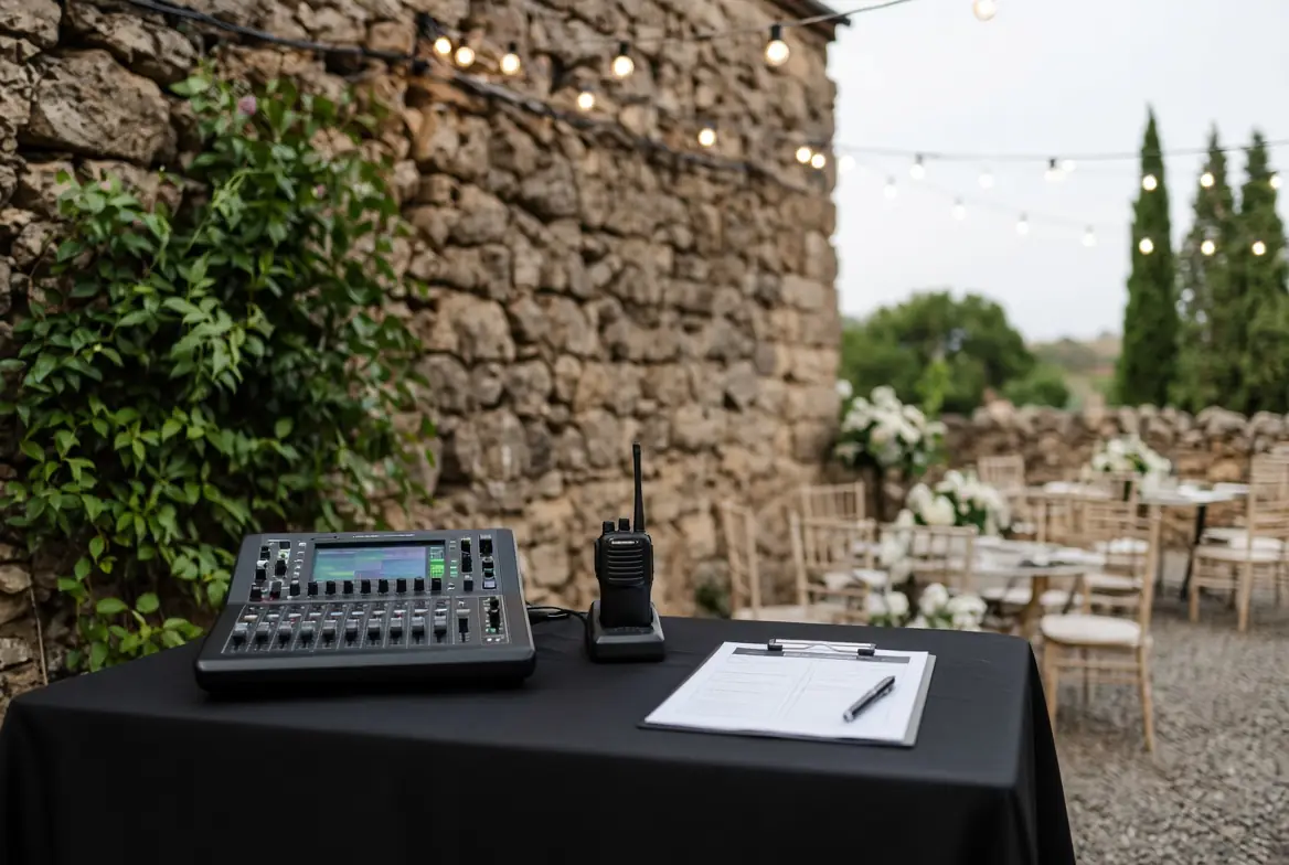 Mesa técnica y radio en una celebración