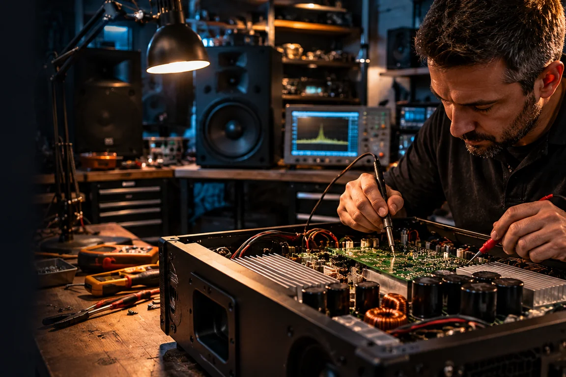 Técnico reparando altavoz activo y etapa de potencia en taller