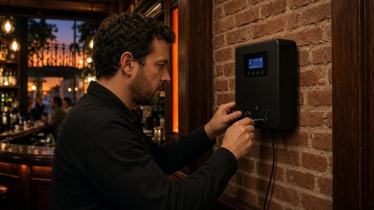 Técnico instalando un limitador acústico homologado en la pared de un bar de Málaga