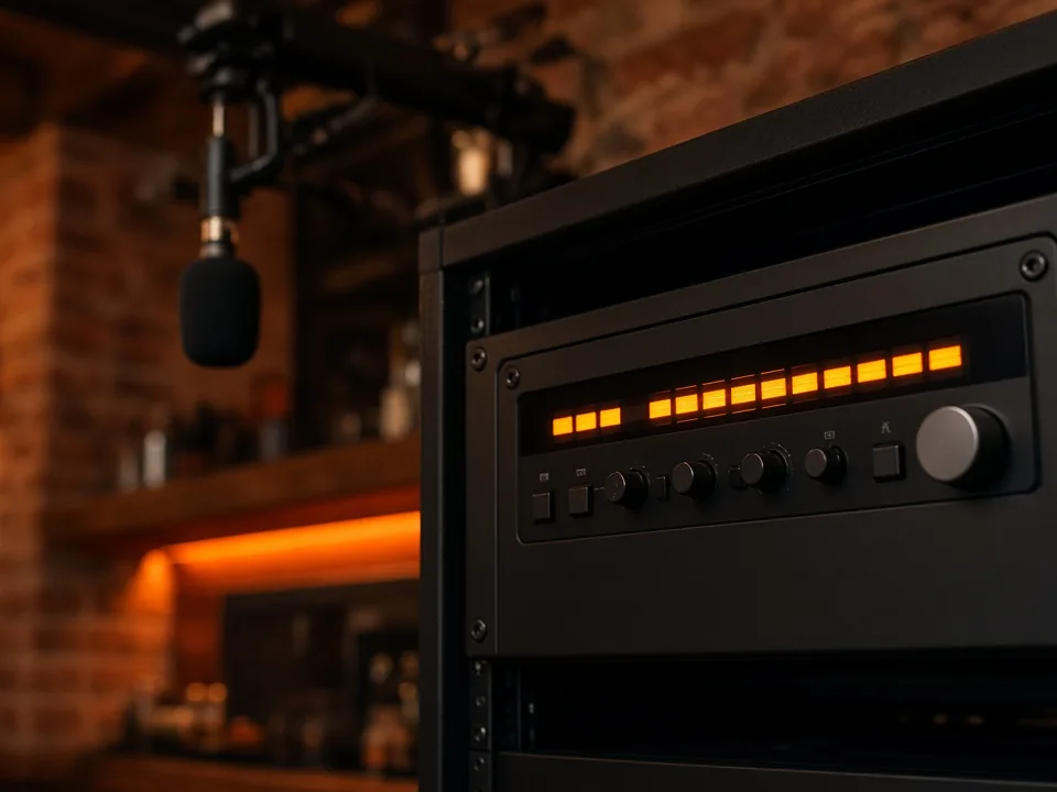 Limitador registrador homologado en el rack de sonido de un local con su micrófono de control al fondo