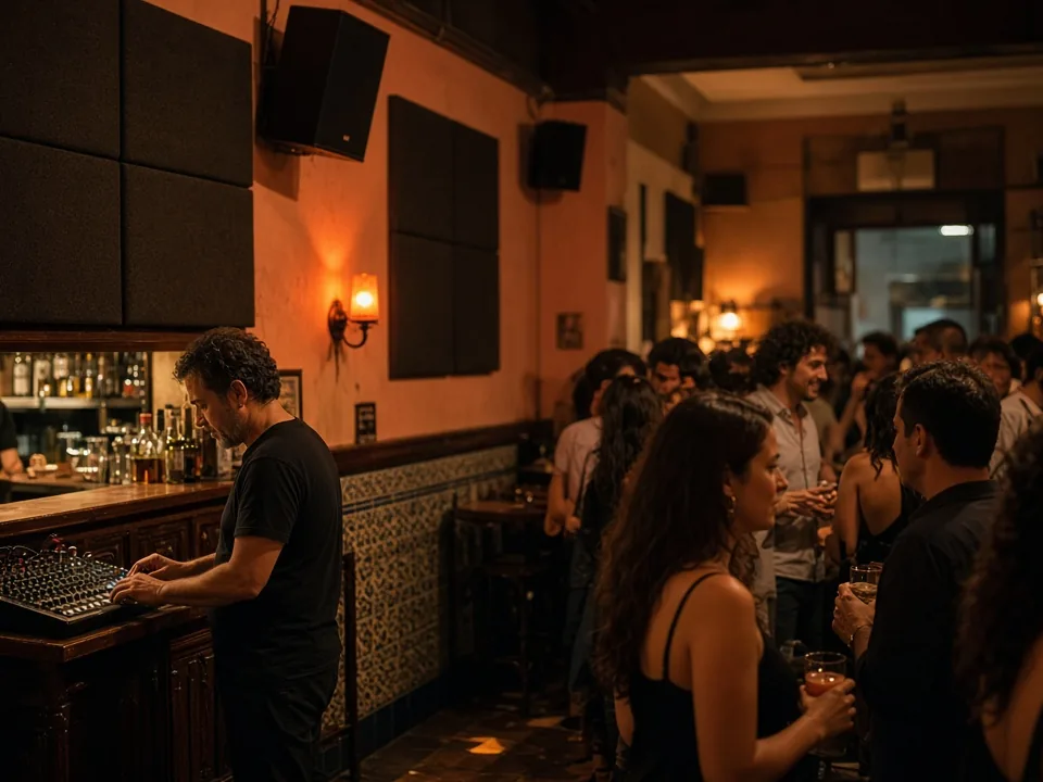 Bar musical en Málaga con paneles absorbentes y técnico ajustando el sonido dentro del nivel sonoro permitido