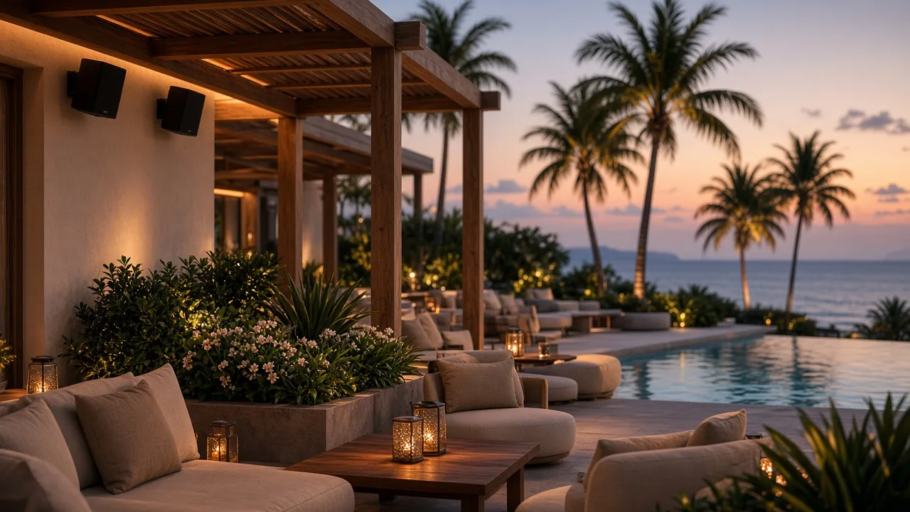 Altavoces de exterior bajo pérgola en la terraza de piscina de un hotel de la Costa del Sol al atardecer