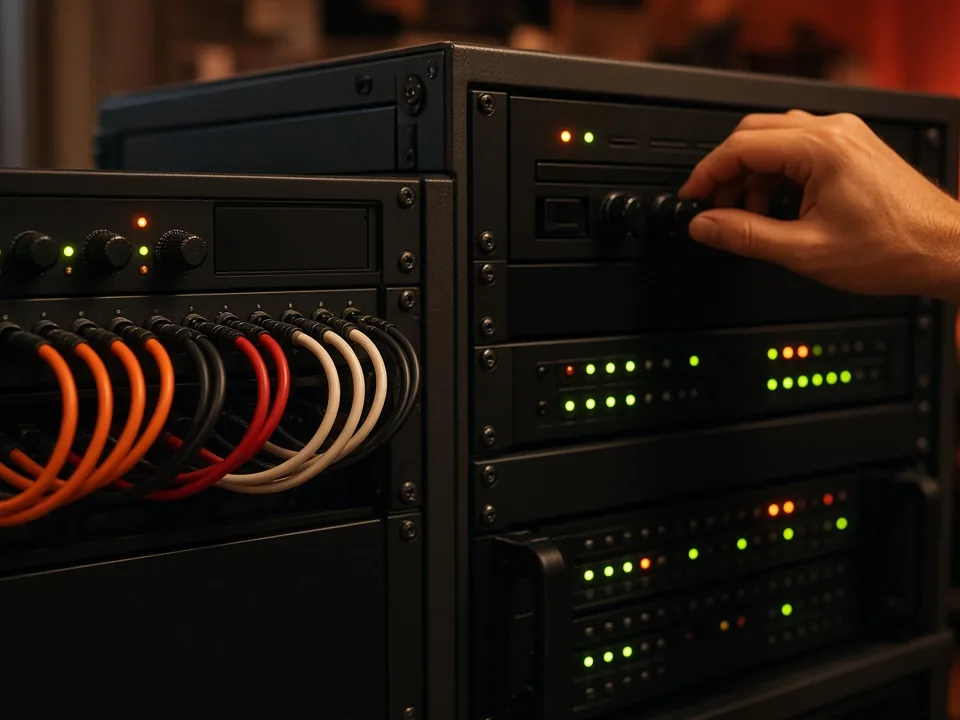 Rack de audio con procesador DSP y etapas de potencia para la instalación de sonido de un hotel