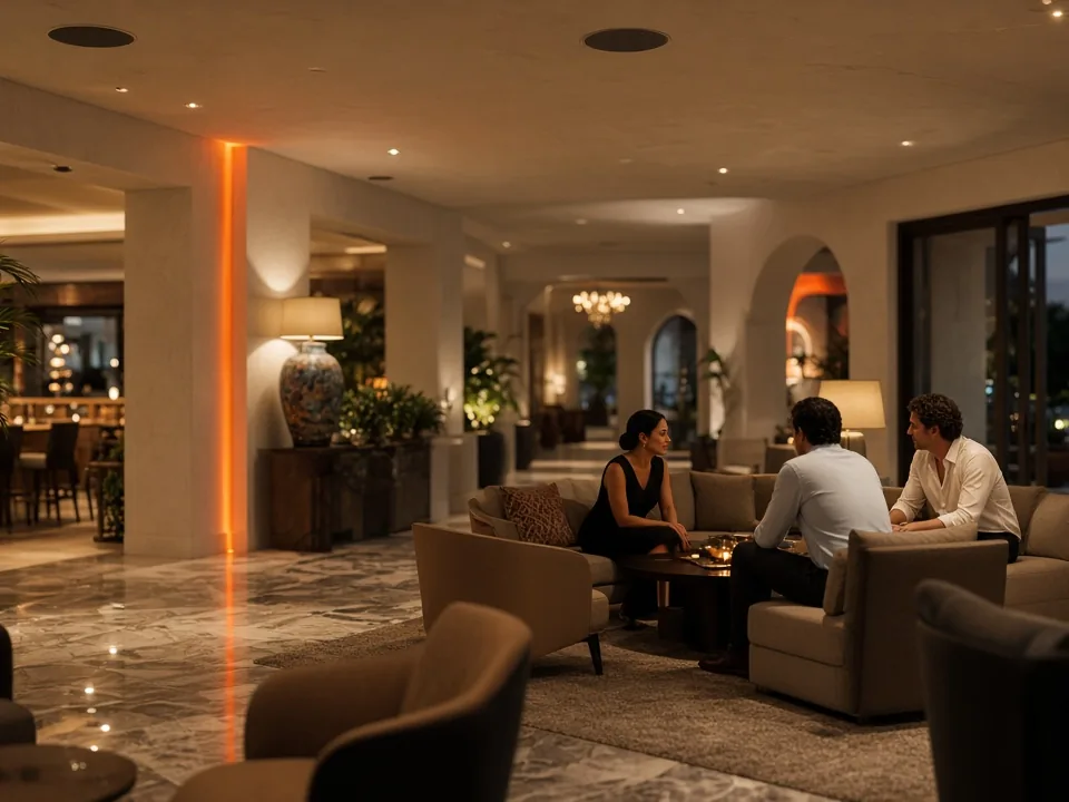Lobby de hotel en Marbella con altavoces de techo para música ambiental por zonas