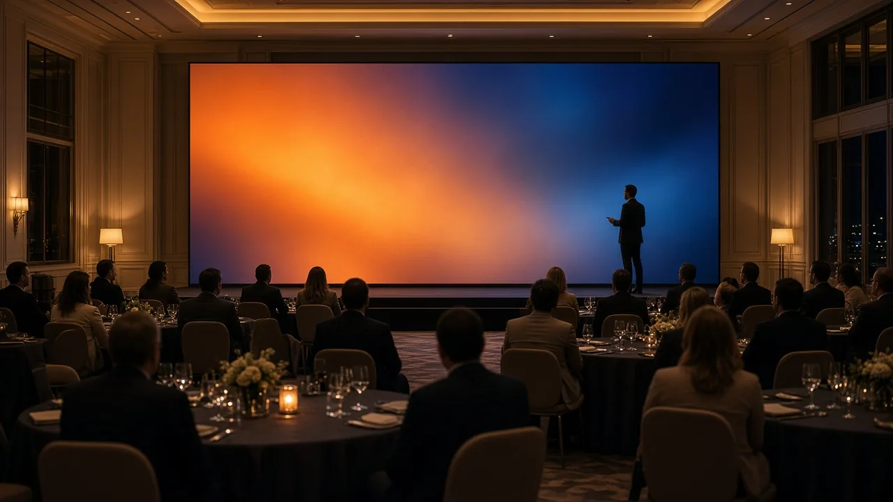 Pantalla LED de gran formato en un evento corporativo en un salón de hotel de Málaga