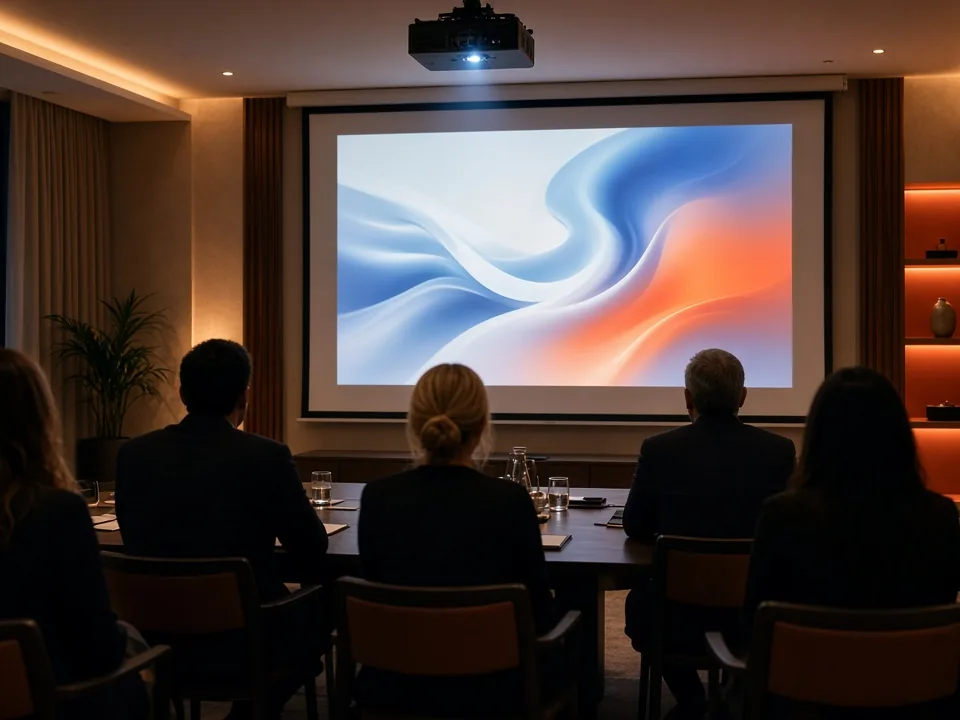 Proyector de techo y pantalla de proyección en una sala de reuniones de hotel en la Costa del Sol