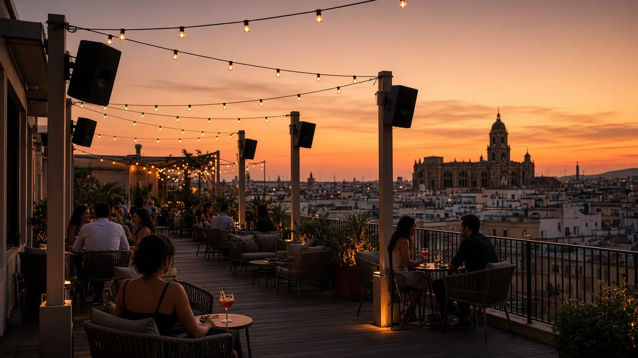 Sonorización de una terraza rooftop en Málaga con altavoces de exterior al atardecer
