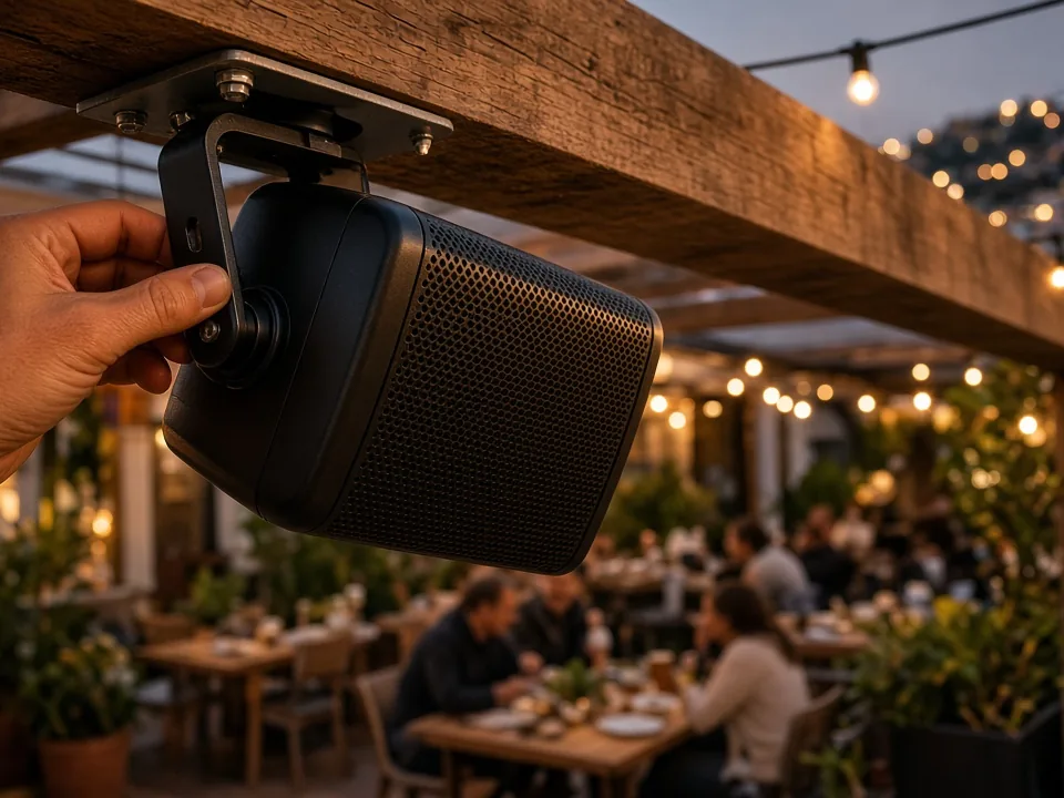 Instalador orientando un altavoz de exterior en la pérgola de una terraza de restaurante en Málaga