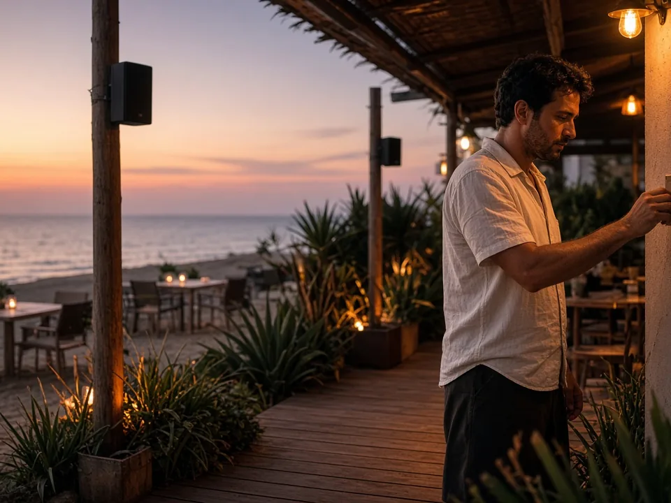Control de volumen exterior en la terraza de un restaurante de playa en la Costa del Sol