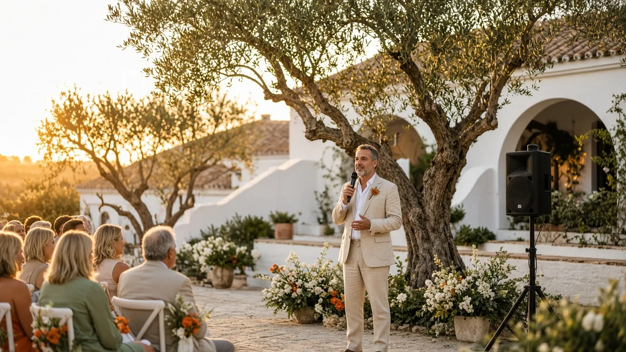 Oficiante con micrófono inalámbrico de mano en una boda al aire libre en una finca de Marbella