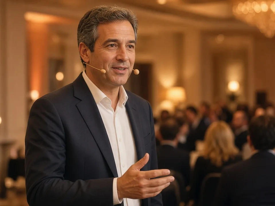 Ponente con micrófono de diadema en un congreso en un hotel de Málaga