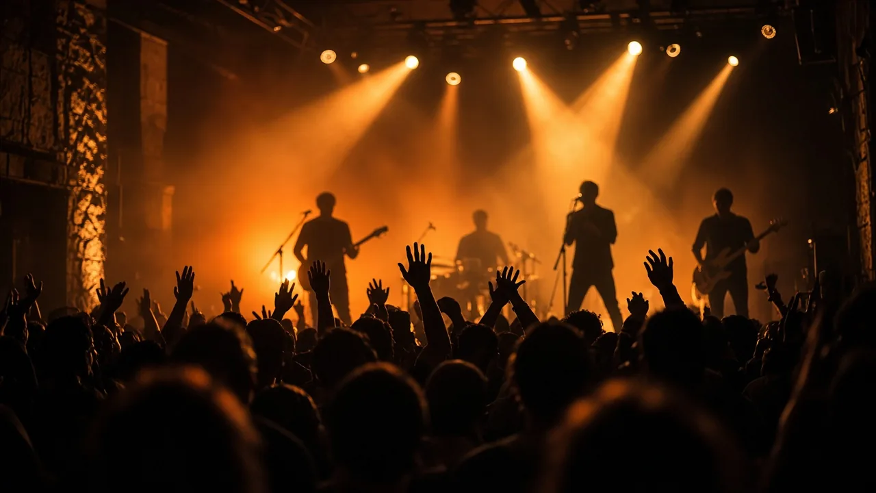 Iluminación escénica con haces de luz cálidos en un concierto en directo en Málaga