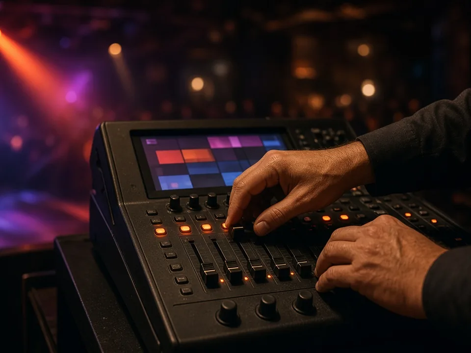 Técnico de iluminación manejando una mesa de control DMX en una discoteca