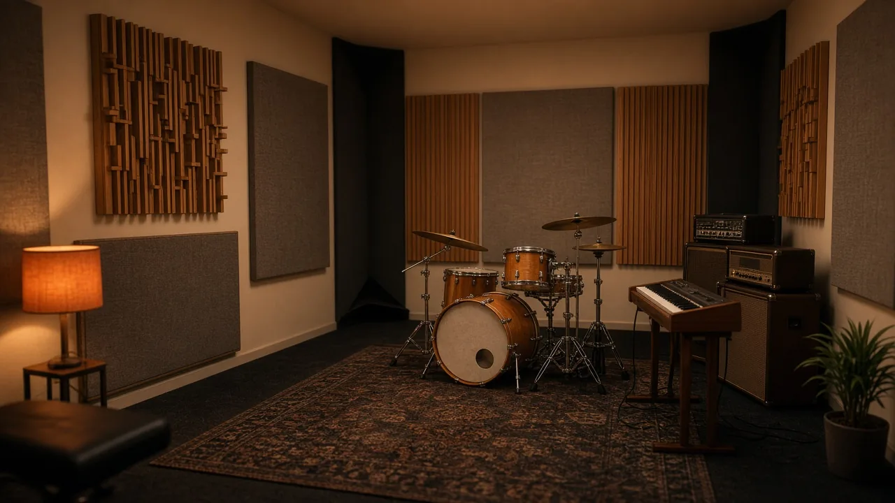 Sala de ensayo en Málaga con acondicionamiento acústico: difusores, paneles absorbentes y trampas de graves