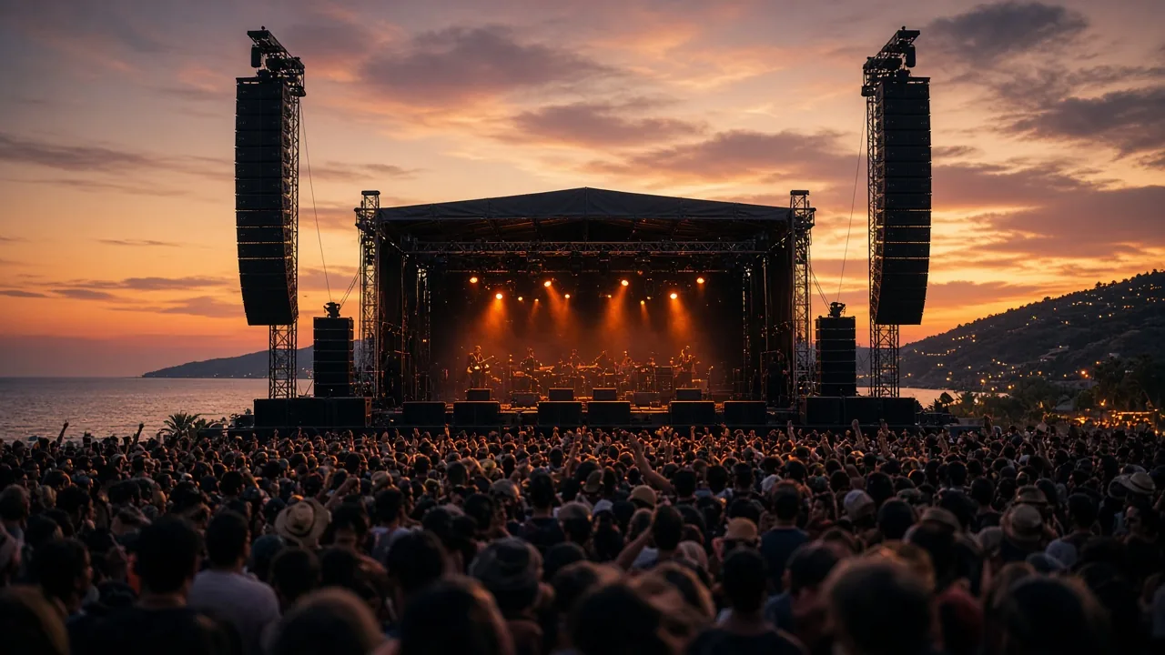 Equipo de sonido para un concierto al aire libre junto al mar con line array y subgraves