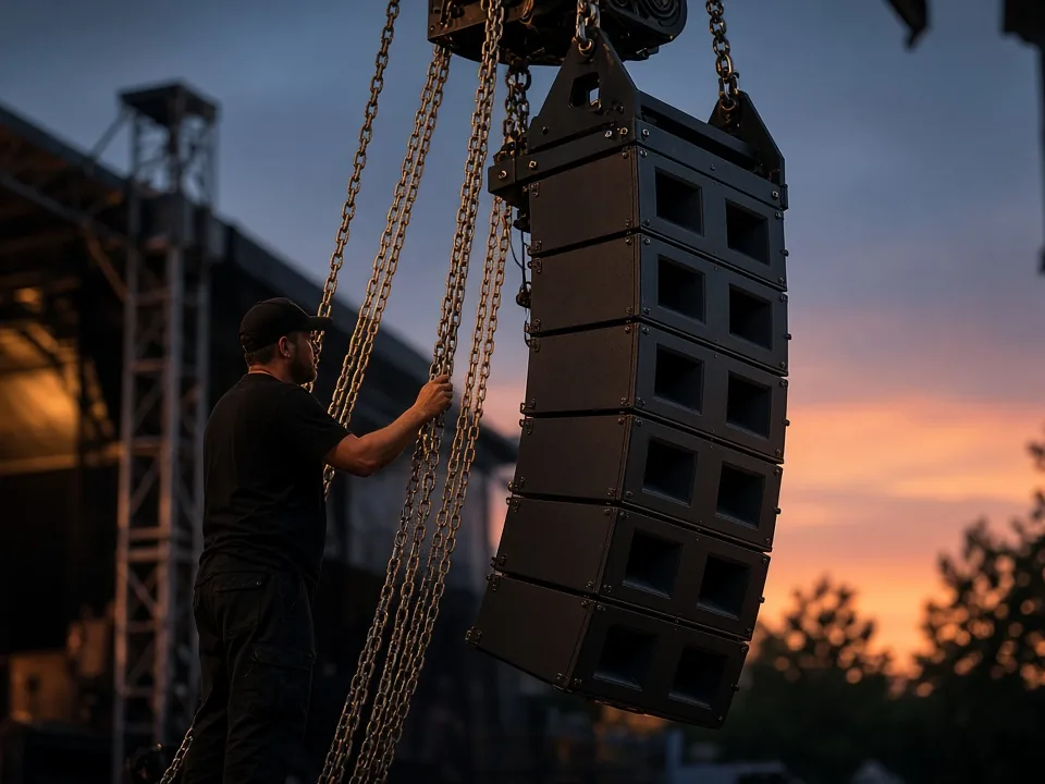 Técnico volando un line array con motores y cadenas en el montaje de un escenario exterior