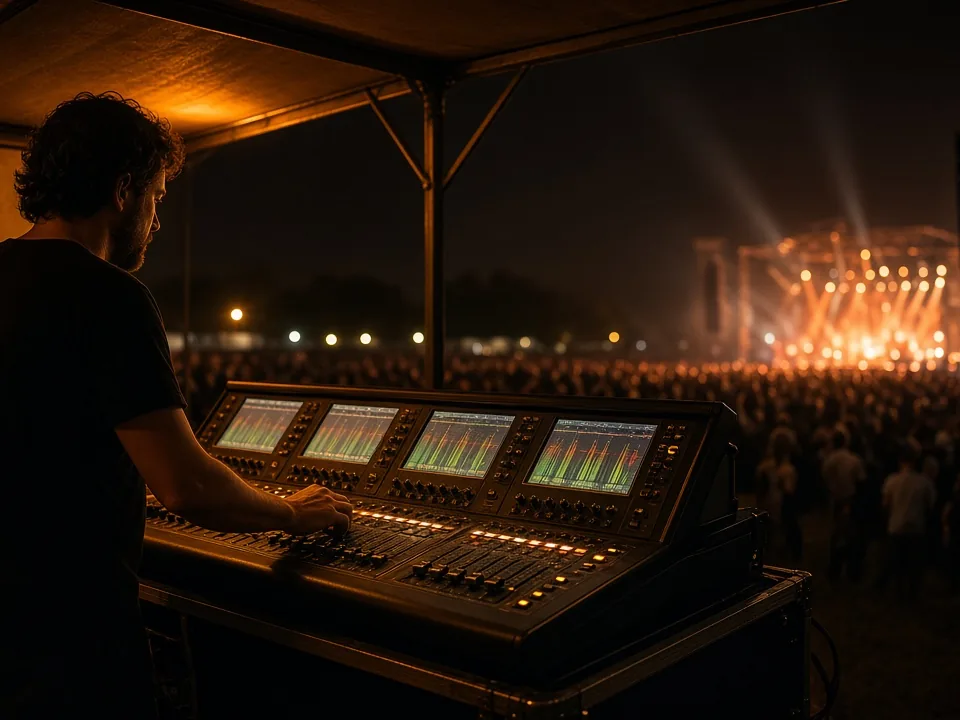 Mesa de mezclas de control en un festival al aire libre con torre de delay entre el público