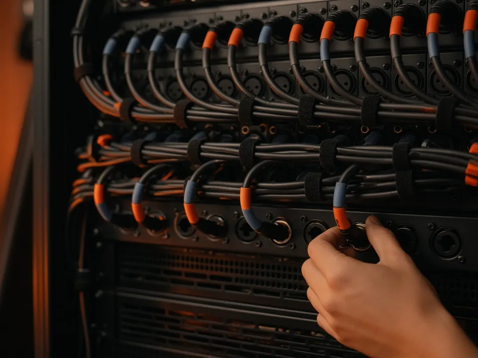Cableado balanceado ordenado y bridado en la parte trasera de un rack de audio profesional