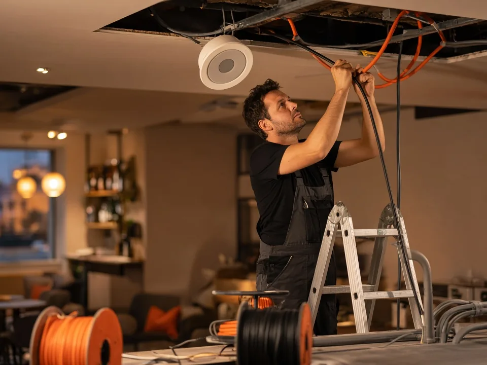Instalador pasando cableado de audio por el falso techo de un local en Málaga