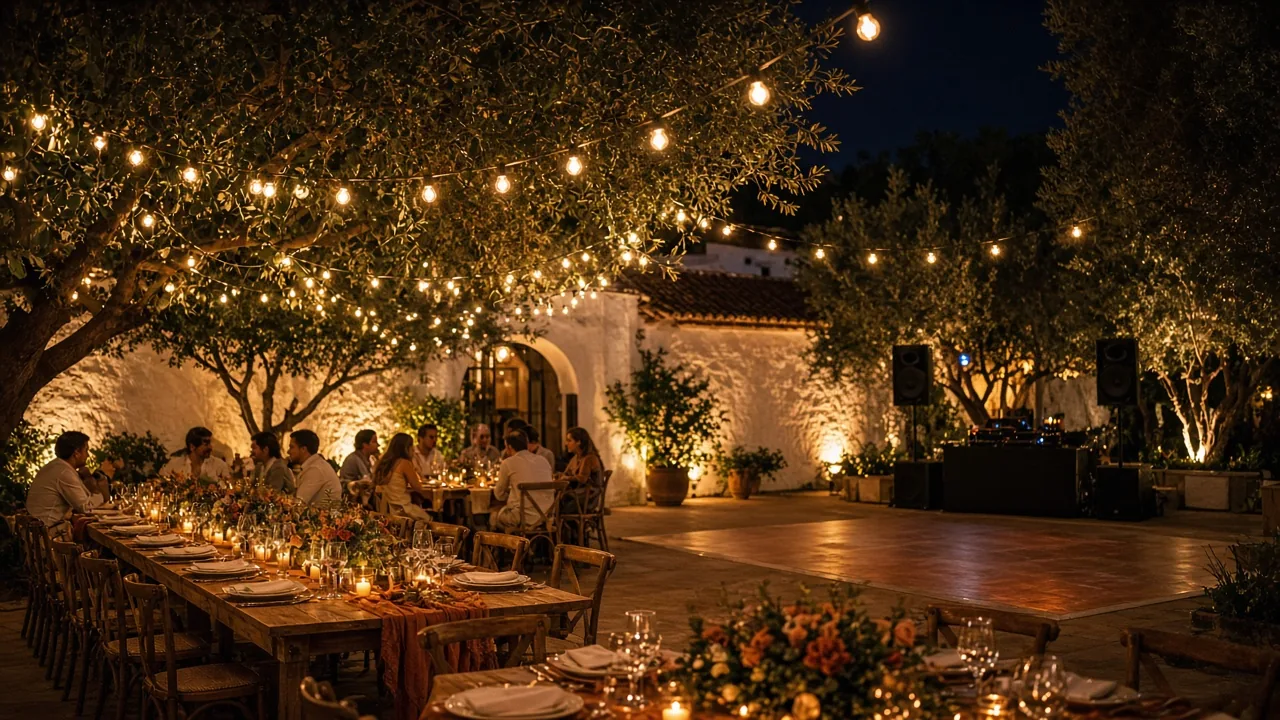 Banquete de boda en una finca de Marbella con iluminación de guirnaldas, pista de baile y sonido
