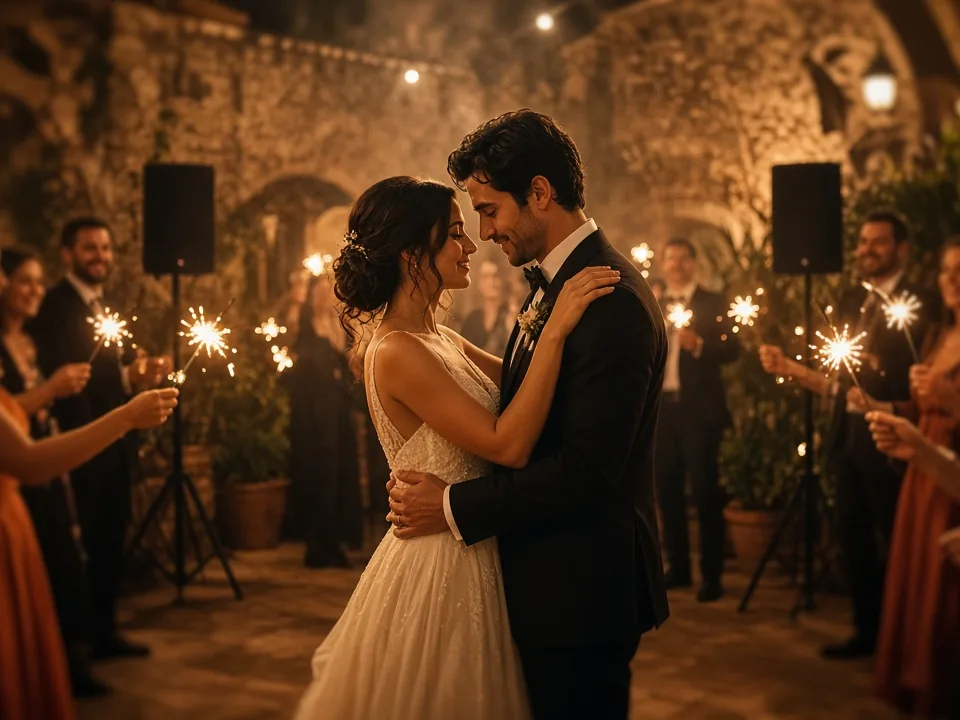 Primer baile de una boda en un patio de la Costa del Sol con iluminación cálida y altavoces