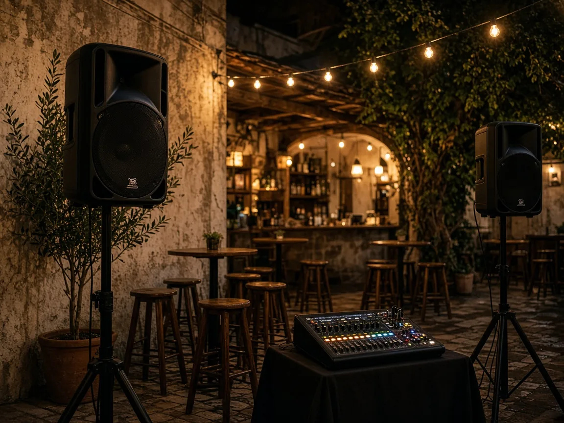 Patio de pub con equipo de sonido sobre trípodes y mesa de mezclas
