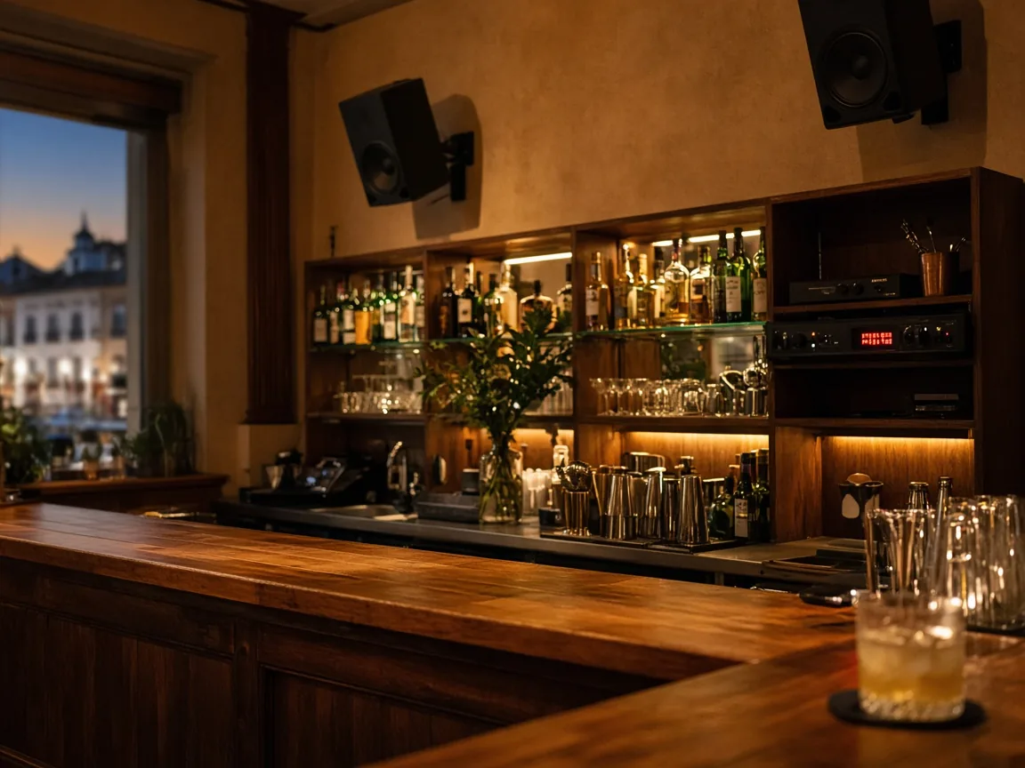 Interior de bar con altavoces de pared y pantalla de un limitador acústico