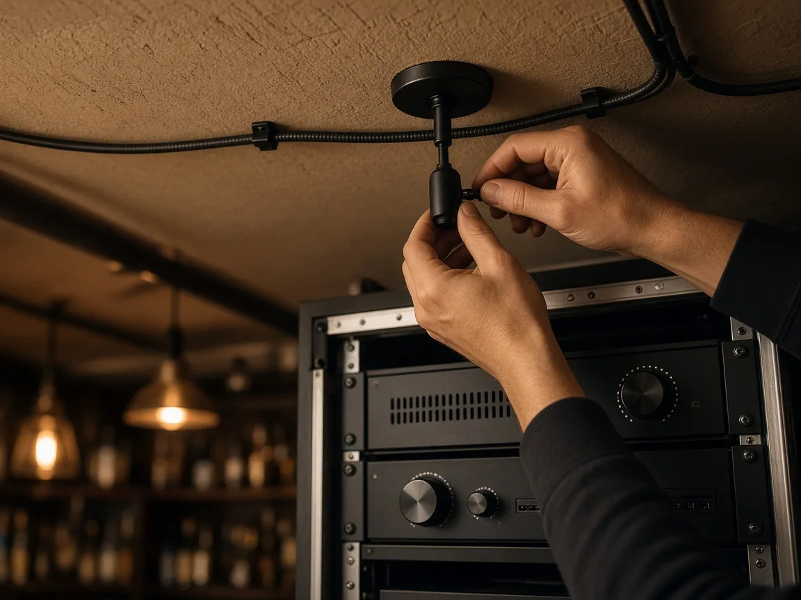 Técnico instalando un micrófono de techo junto al rack de sonido de un bar