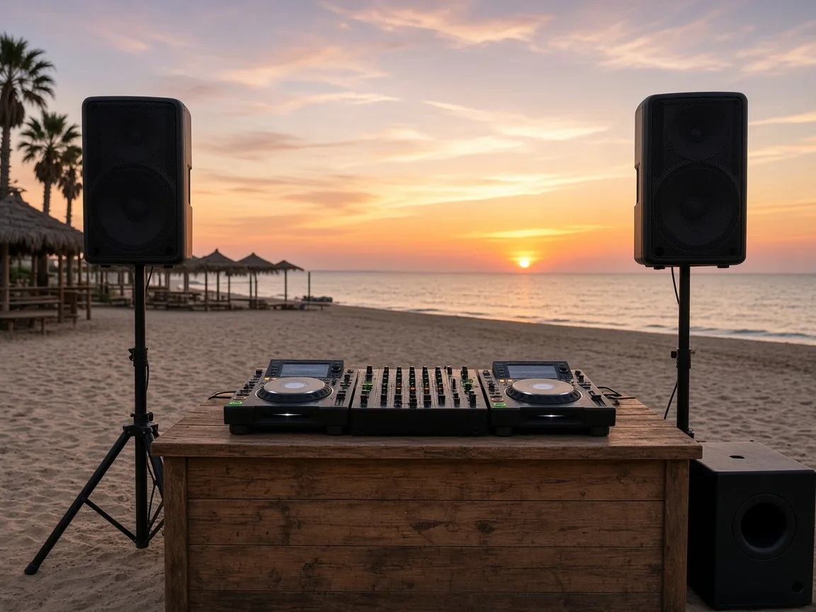 Cabina de DJ en la playa al atardecer con altavoces de alquiler
