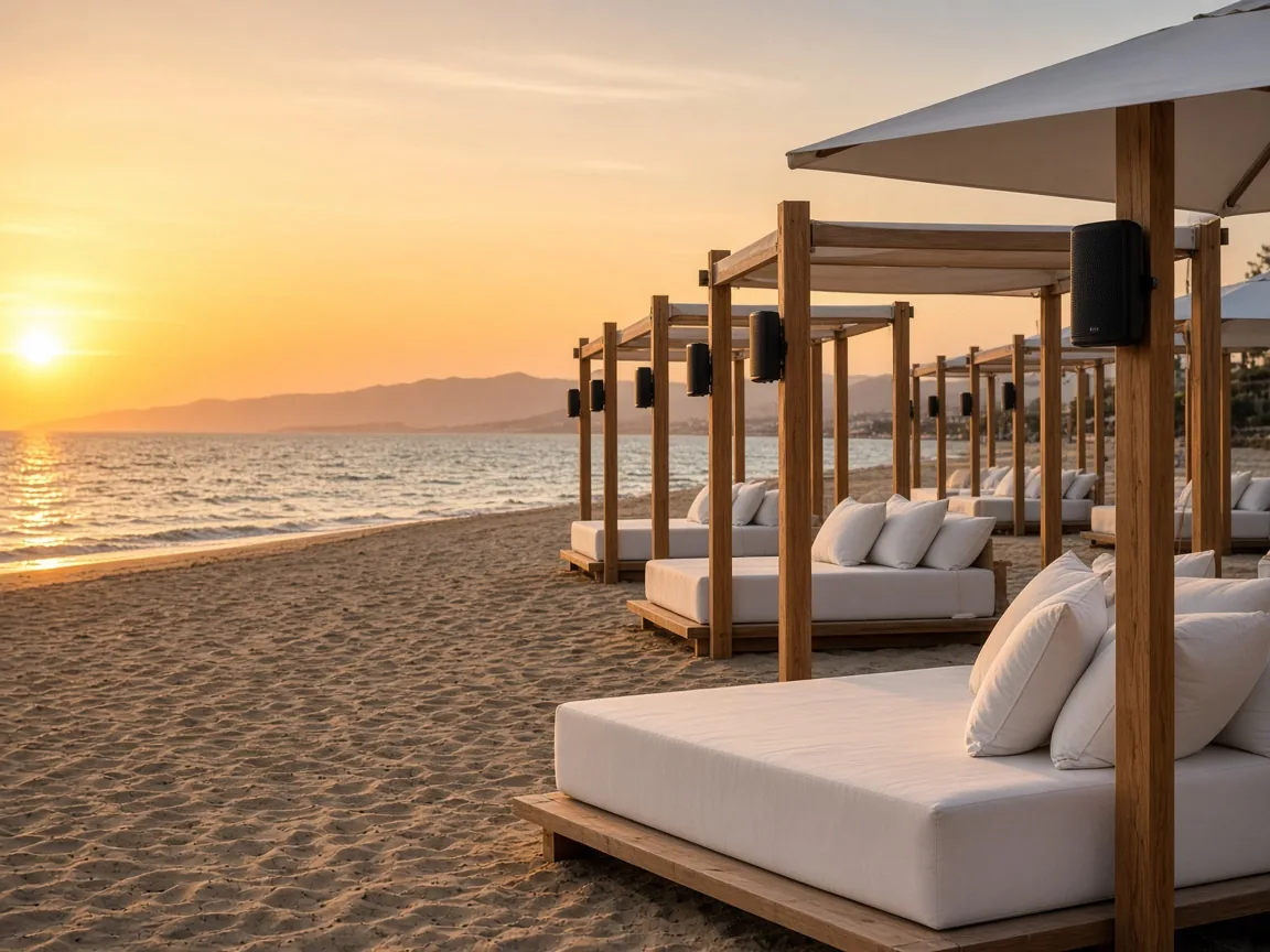 Beach club al atardecer con camas balinesas y altavoces exteriores