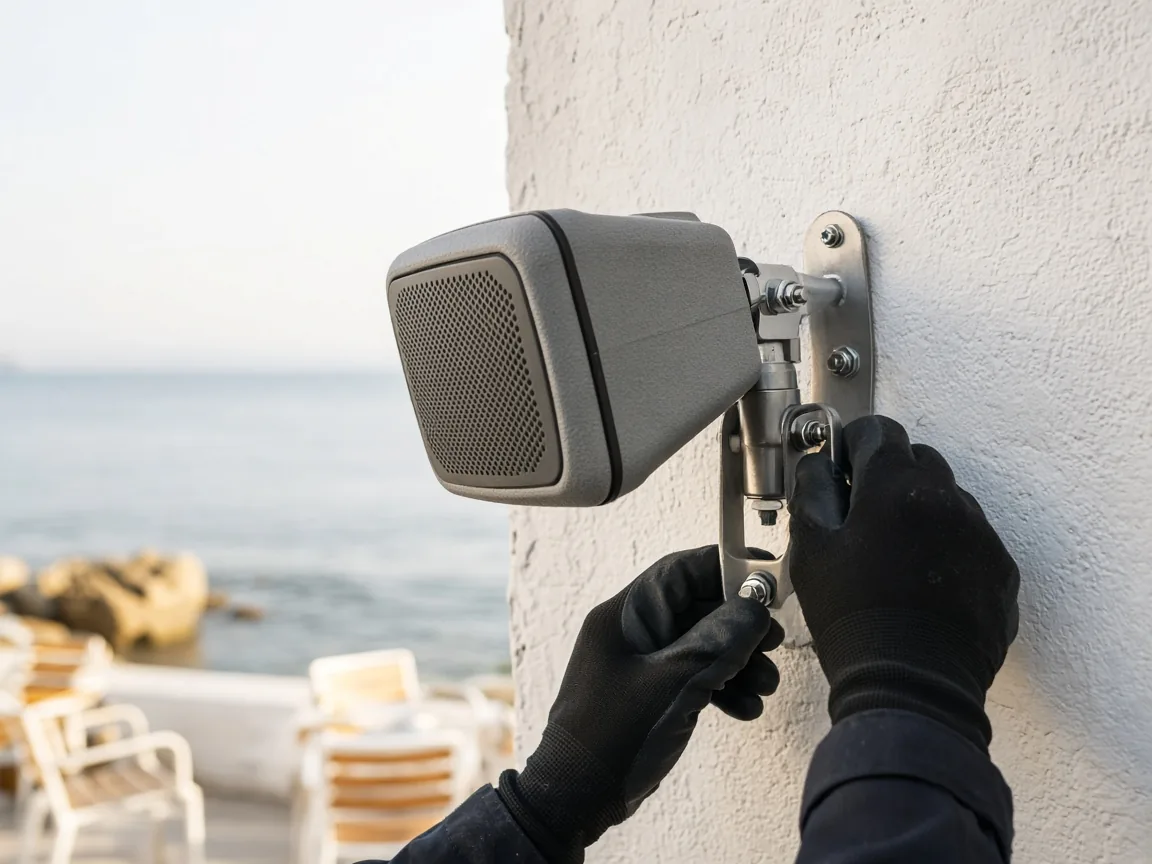 Técnico fijando un altavoz exterior con el mar al fondo