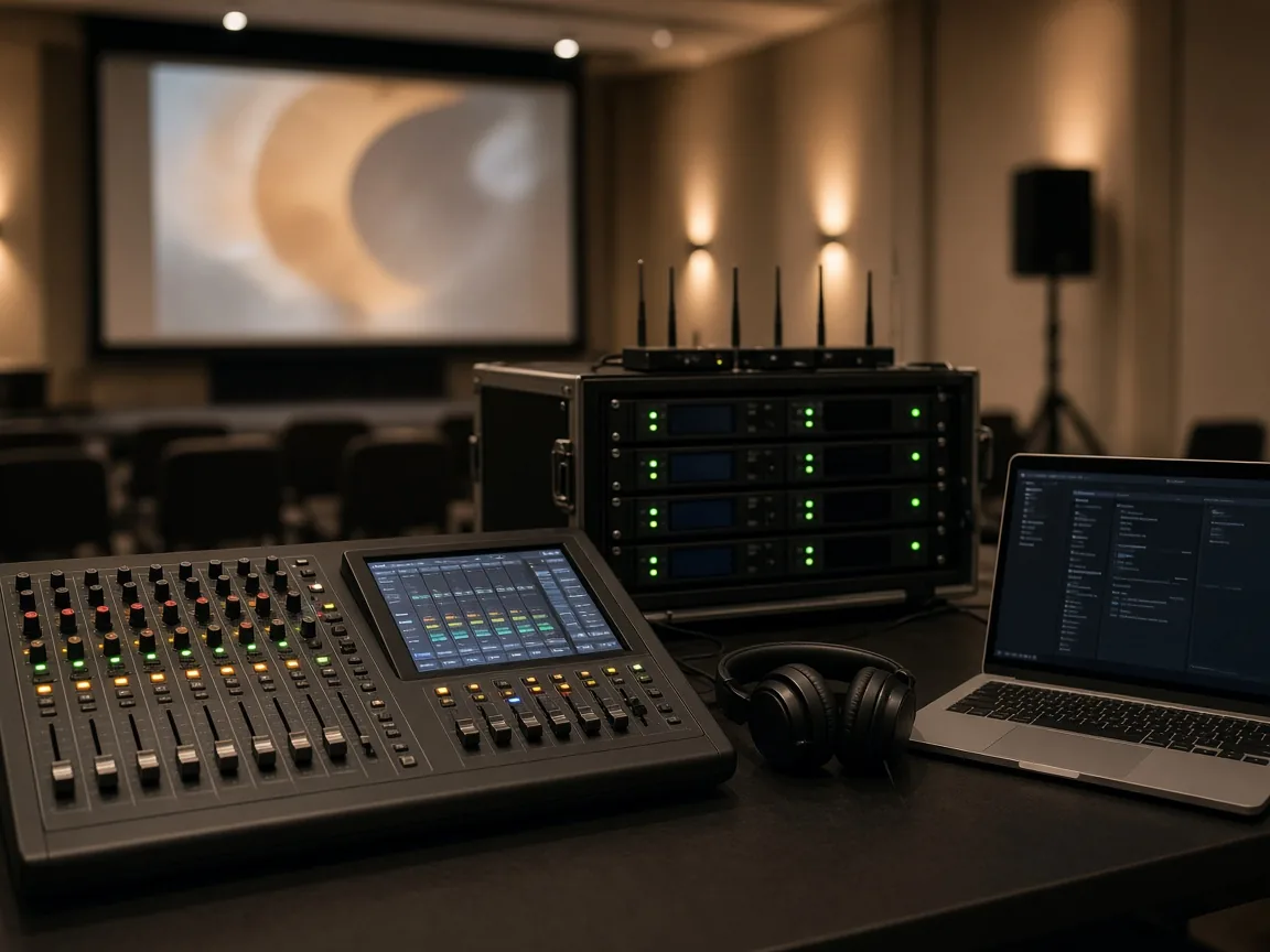 Mesa de control audiovisual con receptores de microfonía inalámbrica