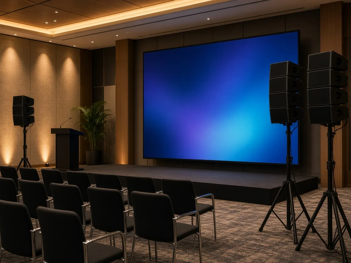 Sala de conferencias con pantalla LED, atril y sonido preparado para un evento de empresa