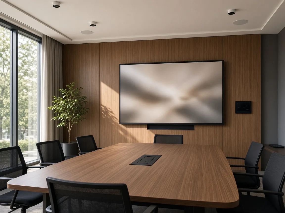 Sala de reuniones con micrófonos de techo y pantalla instalados