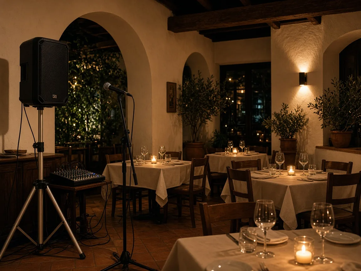 Restaurante preparado para música en directo con altavoces, micrófono y mesa de mezclas