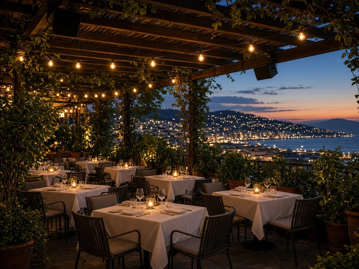 Terraza de restaurante al anochecer con altavoces integrados en la pérgola