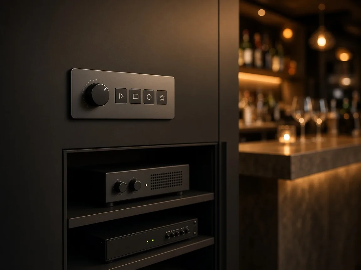 Panel de control de zonas de sonido y armario de amplificación de un restaurante