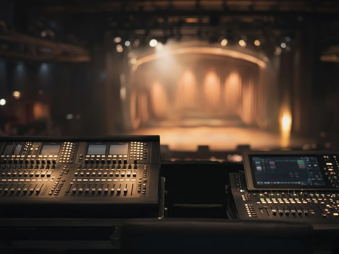 Posición de control con mesa de sonido y mesa de iluminación
