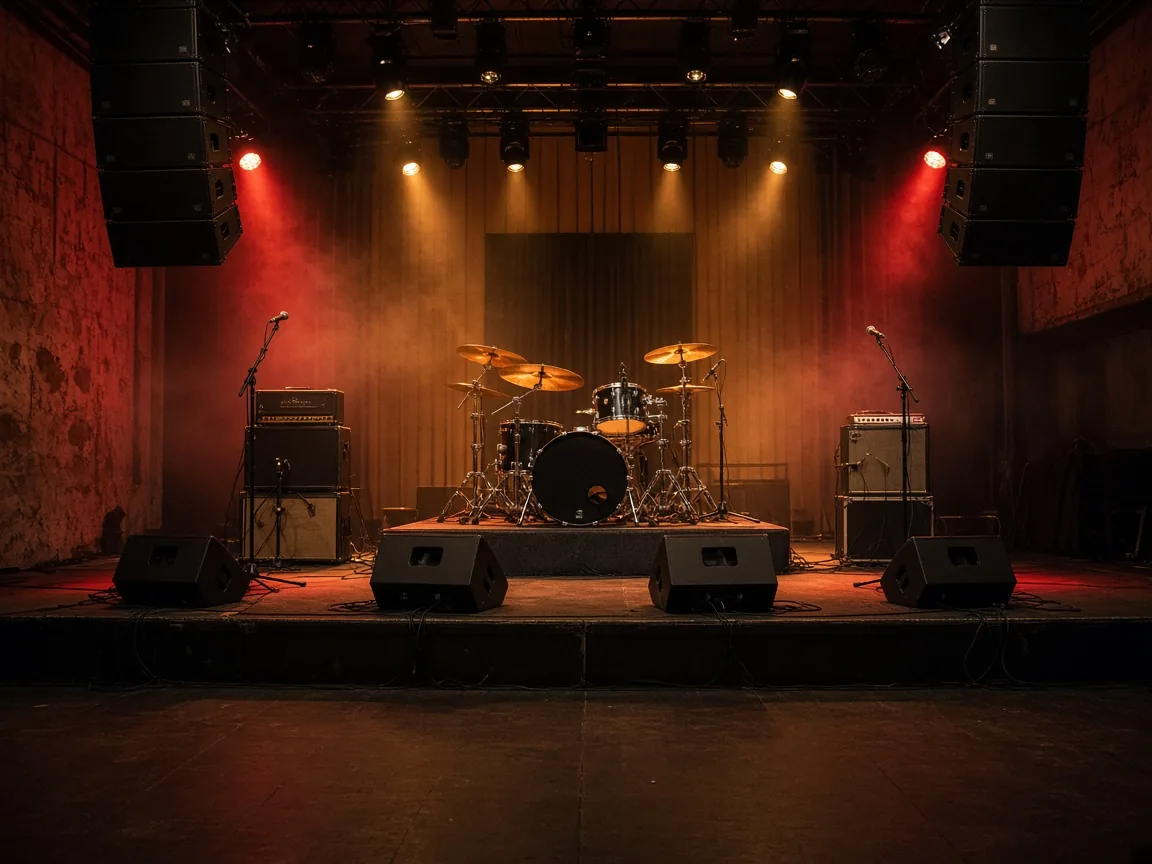 Escenario de sala de conciertos con sistemas line array y monitores de escenario