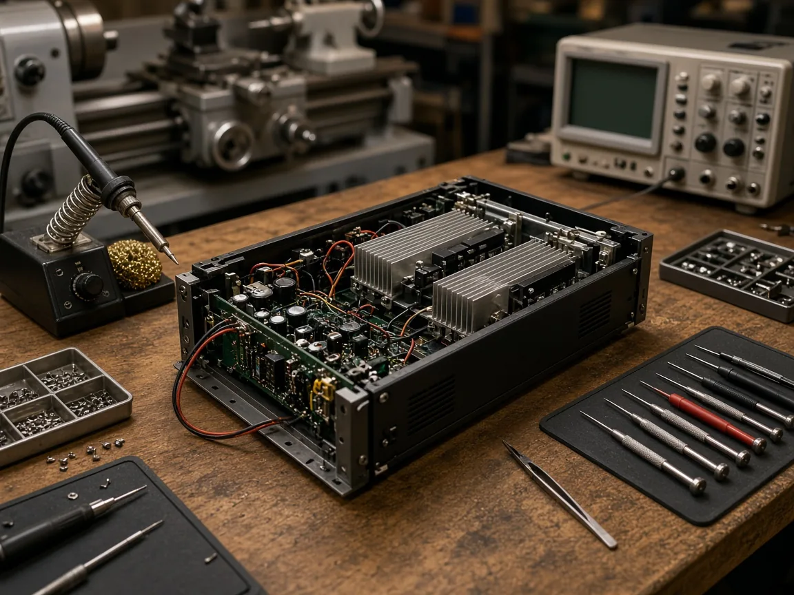 Banco de taller con amplificador, soldador, osciloscopio y torno