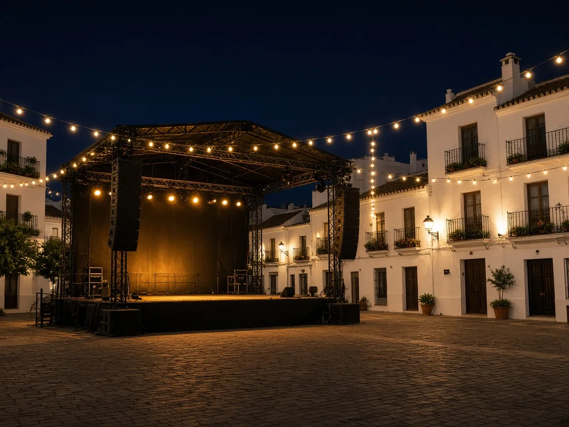 Escenario con sistemas line array en una plaza encalada de noche