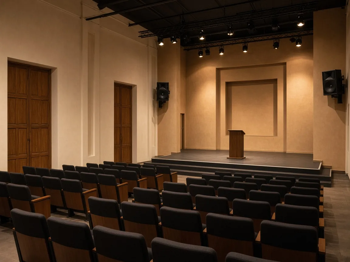 Salón de actos municipal con altavoces instalados y escenario