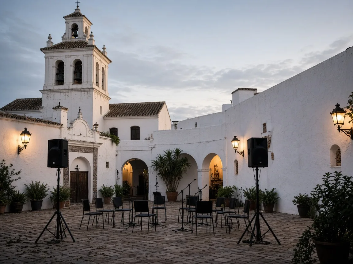 Patio de iglesia preparado con altavoces y micrófonos para un concierto