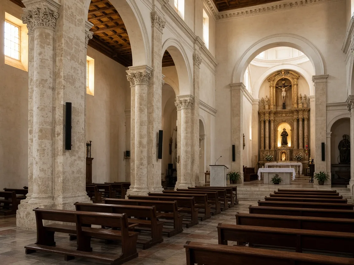 Nave de iglesia con altavoces de columna discretos en los pilares y micrófono en el ambón