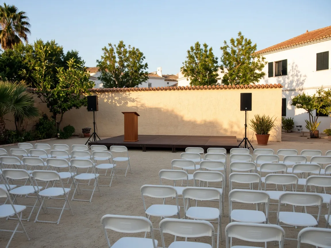 Patio de colegio preparado para una graduación con tarima, atril y altavoces