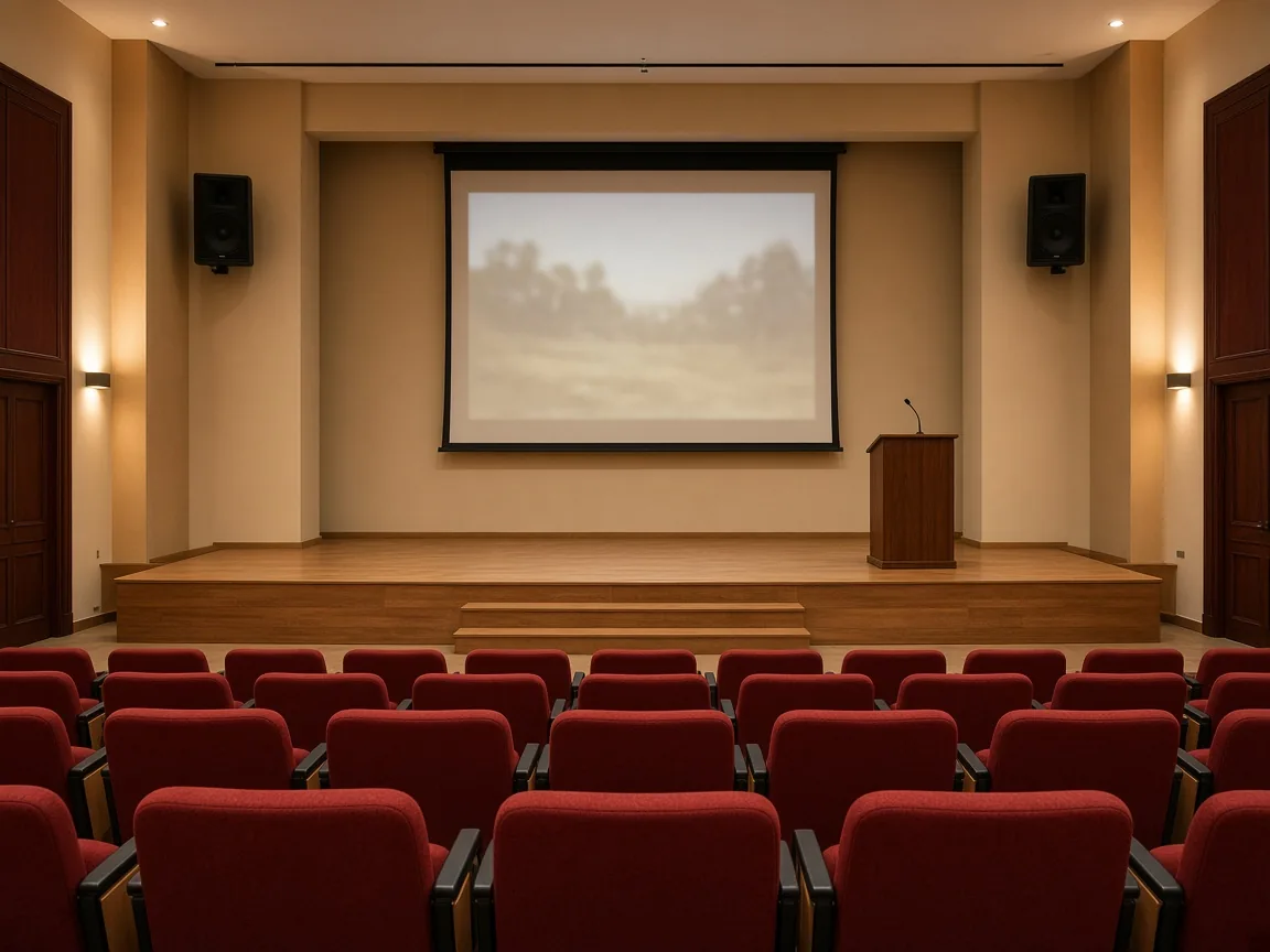 Salón de actos de un colegio con escenario, atril, pantalla de proyección y altavoces